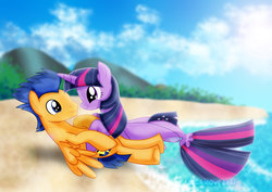 Size: 1600x1131 | Tagged: safe, artist:jucamovi1992, flash sentry, twilight sparkle, pegasus, pony, seapony (g4), g4, my little pony: the movie, beach, duo, female, fin wings, fins, looking at each other, male, seaponified, seapony twilight, ship:flashlight, shipping, sky, smiling, species swap, stallion, straight, the little mermaid