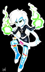 Size: 2121x3402 | Tagged: safe, artist:liaaqila, rainbow dash, equestria girls, g4, black background, boots, clothes, crossover, danny phantom, female, high res, rainbow socks, serious, serious face, shoes, simple background, socks, solo, striped socks, traditional art