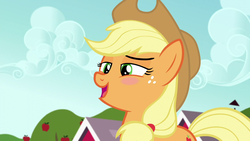 Size: 1280x720 | Tagged: safe, screencap, applejack, earth pony, pony, brotherhooves social, g4, apple, apple tree, appleblush, applejack's hat, blushing, cowboy hat, female, flattered, food, freckles, hat, looking down, mare, open mouth, solo, stetson, sweet apple acres, tree