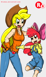 Size: 1500x2500 | Tagged: safe, artist:ryured, apple bloom, applejack, human, g4, apple bloom's bow, bow, clothes, cowboy hat, female, fingerless gloves, gloves, hair bow, hat, humanized, overalls, pants, sisters, smiling, stetson