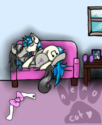 Size: 726x888 | Tagged: safe, artist:princessscarredheart, dj pon-3, octavia melody, vinyl scratch, g4, couch, female, kissing, lesbian, making out, ship:scratchtavia, shipping, watermark
