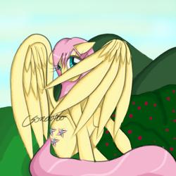 Size: 3000x3000 | Tagged: safe, artist:gondaro, fluttershy, pegasus, pony, g4, cute, female, floppy ears, high res, looking at you, shy, shyabetes, sitting, solo, turned head, wings