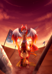 Size: 1225x1750 | Tagged: safe, artist:thehumanheart, oc, oc only, oc:blaze saber, oc:siren, pegasus, pony, armor, blood, detailed background, ear piercing, earring, flag, jewelry, piercing, reflection, spear, sunset, sword, weapon