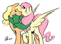Size: 1280x932 | Tagged: safe, artist:rwl, applejack, fluttershy, earth pony, pegasus, pony, g4, blushing, boop, clothes, cold, cuddling, female, hatless, kissing, lesbian, mare, missing accessory, noseboop, scarf, shared clothing, shared scarf, ship:appleshy, shipping, simple background, spread wings, white background, wings, winter
