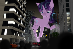 Size: 2880x1920 | Tagged: dead source, safe, artist:styroponyworks, starlight glimmer, human, pony, unicorn, g4, 3d, blender, building, car, city, destroyed, destruction, female, giant pony, macro, mare, mega glimmer, mixed media, night, smiling, this will end in communism
