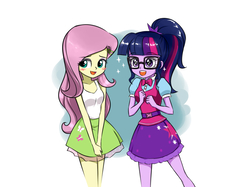 Size: 970x726 | Tagged: safe, artist:twilite-sparkleplz, fluttershy, sci-twi, twilight sparkle, equestria girls, g4, blushing, clothes, female, glasses, lesbian, looking away, open mouth, ponytail, ship:sci-twishy, ship:twishy, shipping, simple background, skirt, smiling, starry eyes, tank top, white background, wingding eyes