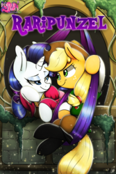 Size: 1000x1500 | Tagged: safe, artist:xxmarkingxx, applejack, rarity, earth pony, pony, unicorn, g4, clothes, cowboy hat, crossover, female, hat, lesbian, long mane, looking at each other, mare, rapunzel, ship:rarijack, shipping, smiling, stetson