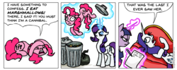 Size: 954x378 | Tagged: safe, artist:gingerfoxy, pinkie pie, rarity, twilight sparkle, earth pony, pony, unicorn, pony comic generator, g4, abuse, cannibalism, comic, couch, fainting couch, food, glowing, glowing horn, horn, magic, marshmallow, paper, pencil, pinkiebuse, rarity is a marshmallow, telekinesis, therapist, trash, trash can