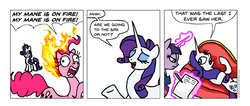Size: 1005x426 | Tagged: safe, artist:gingerfoxy, pinkie pie, rarity, twilight sparkle, earth pony, pony, unicorn, pony comic generator, g4, abuse, comic, couch, eyes closed, fainting couch, fire, glowing, glowing horn, horn, implied death, magic, paper, pen, pencil, pinkiebuse, telekinesis