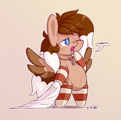 Size: 2433x2400 | Tagged: safe, artist:dsp2003, oc, oc only, oc:cinnamon toast, original species, pegasus, plush pony, pony, bipedal, blanket, blushing, chibi, clothes, cute, female, gradient background, high res, key, mare, one eye closed, open mouth, simple background, socks, striped socks, style emulation, tongue out, yawn