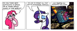 Size: 984x403 | Tagged: safe, artist:gingerfoxy, pinkie pie, rarity, earth pony, pony, unicorn, pony comic generator, g4, and that's how equestria was made, comic, dalek, day of the doctor, doctor who, gallifrey, implied doctor whooves, tardis