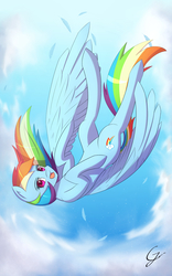 Size: 1200x1920 | Tagged: safe, artist:laptop-pone, rainbow dash, pegasus, pony, g4, cloud, falling, feather, female, looking at you, open mouth, sky, solo, spread wings, wings