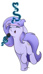 Size: 1024x1750 | Tagged: safe, artist:mindlesssketching, oc, oc only, oc:silver swirls, pony, unicorn, eyes closed, female, floppy ears, happy, magic, mare, microphone, simple background, solo, transparent background