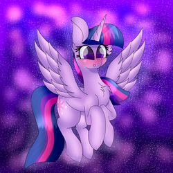 Size: 3000x3000 | Tagged: safe, artist:tomboygirl45, twilight sparkle, alicorn, pony, g4, blushing, chest fluff, female, high res, night, solo, spread wings, twilight sparkle (alicorn), wings