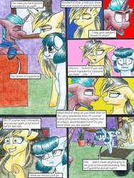 Size: 1024x1365 | Tagged: safe, artist:tillie-tmb, oc, oc only, oc:meadow lark, oc:tempest, earth pony, pony, unicorn, comic:the amulet of shades, comic, female, mare, traditional art