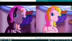 Size: 1366x768 | Tagged: safe, screencap, lily lightly, rarity (g3), a very pony place, come back lily lightly, g3, the runaway rainbow, commercial, comparison, letterboxing, recolor