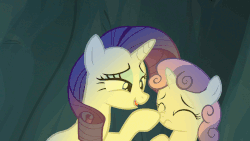Size: 960x540 | Tagged: safe, edit, screencap, rarity, sweetie belle, pony, unicorn, campfire tales, g4, animated, boop, campfire, cave, cute, diasweetes, female, gif, glowing, loop, raised eyebrow, raribetes, scrunchy face, sibling love, siblings, sisterly love, sisters, smiling, smirk
