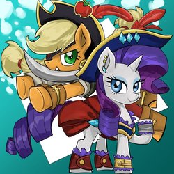 Size: 1000x1000 | Tagged: safe, artist:bojack_mlplove, applejack, rarity, earth pony, pony, unicorn, g4, clothes, cutlass, duo, female, hat, looking at you, mare, mouth hold, pirate, pirate costume, pirate hat, sword, weapon