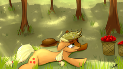 Size: 1920x1080 | Tagged: safe, artist:dashy21, applejack, earth pony, pony, g4, apple, cowboy hat, exhausted, female, food, hat, mare, prone, solo, sploot
