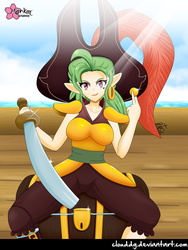 Size: 750x1000 | Tagged: safe, artist:clouddg, captain celaeno, human, g4, my little pony: the movie, breasts, clothes, cloud, elf ears, female, humanized, looking at you, pirate, ship, smiling, solo, sword, treasure chest, water, weapon