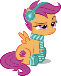 Size: 2015x2500 | Tagged: safe, artist:perplexedpegasus, scootaloo, pegasus, pony, g4, annoyed, clothes, earmuffs, female, filly, high res, scarf, simple background, socks, solo, striped socks, transparent background, vector, winter outfit