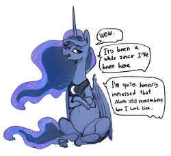 Size: 1973x1801 | Tagged: safe, artist:alumx, princess luna, pony, g4, dialogue, female, looking at you, sarcasm, sitting, solo, unamused