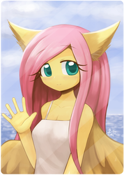 Size: 1075x1512 | Tagged: safe, artist:howxu, fluttershy, pegasus, anthro, g4, beautiful, clothes, cute, dress, ear fluff, female, looking at you, mare, shyabetes, solo, waving, wings