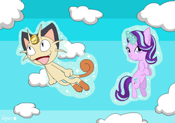 Size: 824x578 | Tagged: safe, artist:lopez765, starlight glimmer, cat, meowth, g4, crossover, levitation, magic, pokémon, self-levitation, telekinesis