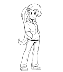 Size: 731x843 | Tagged: dead source, safe, artist:reiduran, trixie, equestria girls, g4, clothes, female, hand in pocket, hoodie, lineart, monochrome, no nose, pants, simple background, smiling, solo, white background