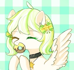 Size: 1150x1100 | Tagged: safe, artist:leafywind, oc, oc only, oc:sugar pea, pegasus, pony, bust, choker, donut, eyes closed, female, food, hair ornament, mare, mouth hold, solo, spread wings, wings