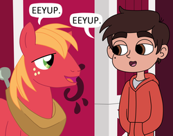 Size: 1368x1080 | Tagged: safe, artist:deaf-machbot, big macintosh, human, g4, barn, crossover, eeyup, male, marco diaz, speech bubble, star vs the forces of evil, sweet apple acres