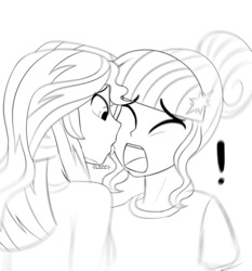 Size: 1280x1376 | Tagged: safe, artist:pshyzomancer, sci-twi, sunset shimmer, twilight sparkle, equestria girls, g4, :o, exclamation point, eyes closed, female, lesbian, licking, lineart, monochrome, open mouth, ship:sci-twishimmer, ship:sunsetsparkle, shipping, simple background, surprised, tongue out, white background