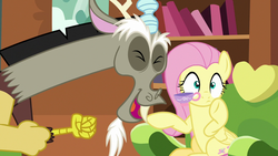 Size: 1280x720 | Tagged: safe, screencap, discord, fluttershy, pony, discordant harmony, g4, my little pony: friendship is magic, cup, surprised, teacup