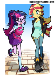 Size: 1950x2750 | Tagged: safe, artist:rvceric, sci-twi, sunset shimmer, twilight sparkle, equestria girls, arm behind back, belt, boots, bowtie, clothes, glasses, high heel boots, jacket, leather jacket, looking at each other, mary janes, open mouth, pants, ponytail, shirt, shoes, skirt, smiling, socks, vest