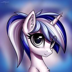 Size: 3000x3000 | Tagged: safe, artist:setharu, oc, oc only, pony, unicorn, bust, chest fluff, cute, ear fluff, female, high res, looking at you, mare, ocbetes, ponytail, portrait, signature, smiling, solo, zoom layer
