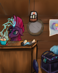 Size: 1200x1500 | Tagged: safe, artist:noradtwo, fizzlepop berrytwist, tempest shadow, pony, unicorn, g4, my little pony: the movie, airship, armor, broken horn, candlelight, electricity, eye scar, female, flag of equestria, floppy ears, food, horn, ice cream, lightning, root beer float, scar, solo, sparking horn, treasure chest, zeppelin