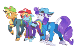 Size: 1837x1157 | Tagged: safe, artist:xenon, applejack, rainbow dash, rarity, classical unicorn, earth pony, pegasus, pony, unicorn, g4, the cart before the ponies, backwards ballcap, baseball cap, belt, blushing, bodysuit, butt, cap, clothes, cloven hooves, cutie mark, dirty, dock, eyes closed, eyes open, female, hat, hooves, horn, huge tail, implied wing hole, jumpsuit, leonine tail, long tail, mare, mechanic, mud, muddy, oil, plot, pocket, rear view, simple background, smiling, support, tail, tail hole, transparent background, unshorn fetlocks