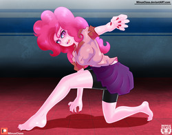 Size: 3000x2352 | Tagged: safe, artist:minusclass, pinkie pie, vampire, equestria girls, g4, barefoot, clothes, compression shorts, cute, fangs, feet, female, high res, legs, nail polish, patreon, patreon logo, pleated skirt, shorts, skirt, solo