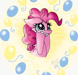 Size: 1024x989 | Tagged: safe, artist:melonseed11, pinkie pie, earth pony, pony, g4, balloon, bust, cutie mark background, female, portrait, solo, starry eyes, wingding eyes