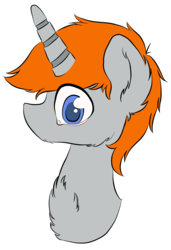 Size: 2464x3600 | Tagged: safe, artist:snufflebug, oc, oc only, oc:disterious, pony, unicorn, blue eyes, bust, cute, high res, horn, looking at you, male, orange mane, simple background, stallion