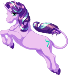 Size: 1391x1532 | Tagged: safe, artist:kittehkatbar, starlight glimmer, classical unicorn, pony, unicorn, g4, cloven hooves, female, hoers, horn, leonine tail, looking at you, mare, realistic anatomy, simple background, smiling, solo, transparent background, unshorn fetlocks