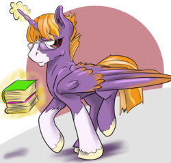 Size: 2400x2296 | Tagged: safe, artist:firimil, derpibooru exclusive, oc, oc only, oc:dewey decimal(alicorn), alicorn, pony, alicorn oc, coat markings, colored wings, colored wingtips, high res, male, next generation, parent:sunburst, parent:twilight sparkle, parody, socks (coat markings), solo, story included