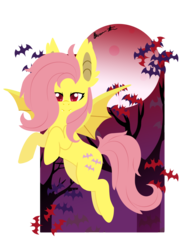 Size: 1024x1355 | Tagged: safe, artist:charisamation, fluttershy, bat, bat pony, pony, g4, bat wings, fangs, female, flutterbat, full moon, looking at you, moon, race swap, red eyes, simple background, smiling, solo, spread wings, transparent background, turned head, wings