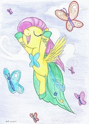 Size: 770x1070 | Tagged: safe, artist:astevenamedwolf, fluttershy, butterfly, pegasus, pony, g4, the best night ever, clothes, dress, eyes closed, female, flying, gala dress, open mouth, scene interpretation, singing, smiling, solo, spread wings, traditional art, wings