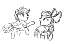 Size: 953x643 | Tagged: safe, artist:mn27, apple bloom, scootaloo, earth pony, pegasus, pony, g4, apple bloom's bow, bow, cmc cape, female, filly, foal, grayscale, hair bow, monochrome, open mouth, signature, simple background, sketch, white background