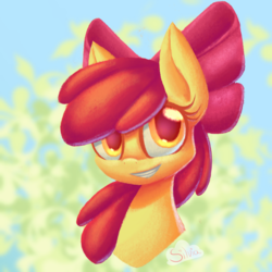 Size: 2048x2048 | Tagged: safe, artist:silviasilvar, apple bloom, earth pony, pony, g4, adorabloom, bust, cute, female, high res, looking at you, smiling, solo