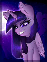 Size: 1072x1421 | Tagged: safe, artist:duop-qoub, twilight sparkle, alicorn, pony, descended twilight, g4, abstract background, clothes, female, fluffy, grin, mare, moon, scarf, smiling, solo, twilight sparkle (alicorn), wings