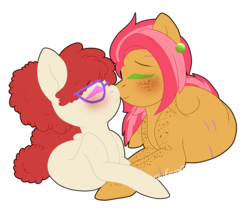 Size: 800x685 | Tagged: safe, artist:touchmyguts, babs seed, twist, earth pony, pony, g4, ear piercing, eyes closed, female, glasses, lesbian, piercing, scar, ship:babstwist, shipping, simple background, transparent background