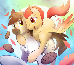 Size: 3383x2990 | Tagged: safe, artist:b-epon, oc, oc only, oc:calpain, oc:verdant venture, earth pony, pegasus, pony, clothes, cookie, food, glomp, high res, hug, lab coat, one eye closed, wink