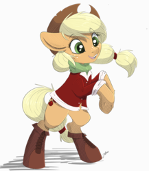 Size: 1280x1472 | Tagged: safe, artist:faline-art, artist:trevorrain, applejack, earth pony, pony, g4, applejack's hat, boots, clothes, cowboy hat, female, freckles, happy, hat, hoof boots, mare, open mouth, rearing, shirt, shoes, simple background, smiling, solo, standing, white background